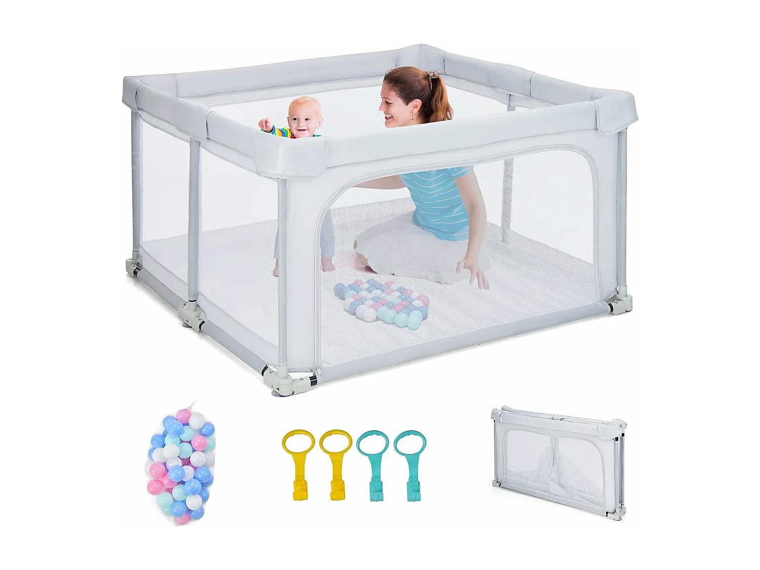 Parc Bébé Pliable 124 x124cm avec Hauteur Scientifique 70cm, Parc de Jeux en Tissu Oxford avec Maille Respirante, 50 Balles Océaniques, 4 Poignées  (Gris clair)