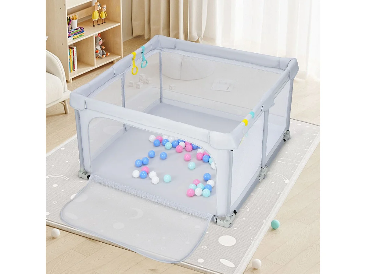 Parc Bébé Pliable 124 x124cm avec Hauteur Scientifique 70cm, Parc de Jeux en Tissu Oxford avec Maille Respirante, 50 Balles Océaniques, 4 Poignées  (Gris clair)