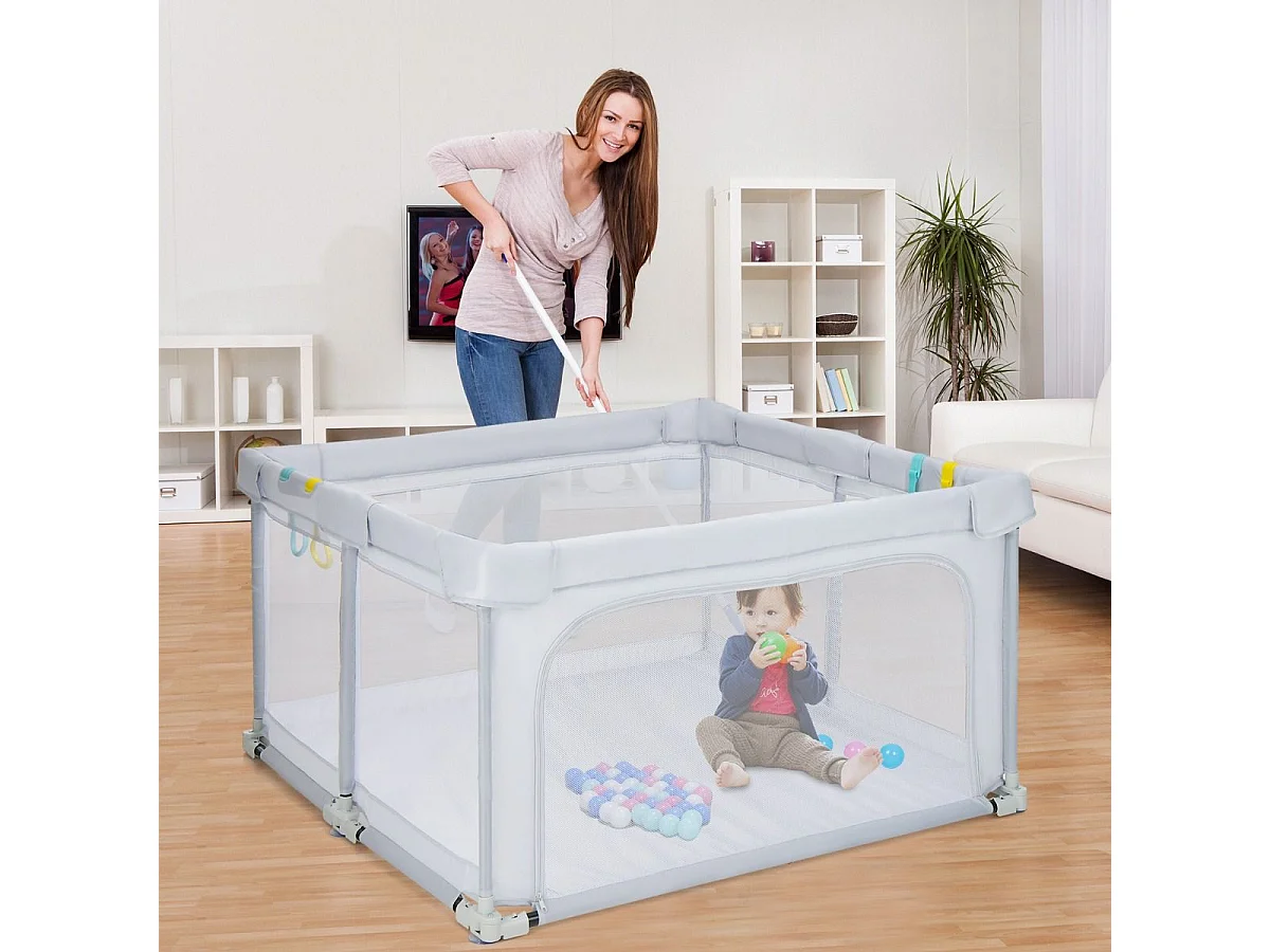 Parc Bébé Pliable 124 x124cm avec Hauteur Scientifique 70cm, Parc de Jeux en Tissu Oxford avec Maille Respirante, 50 Balles Océaniques, 4 Poignées  (Gris clair)