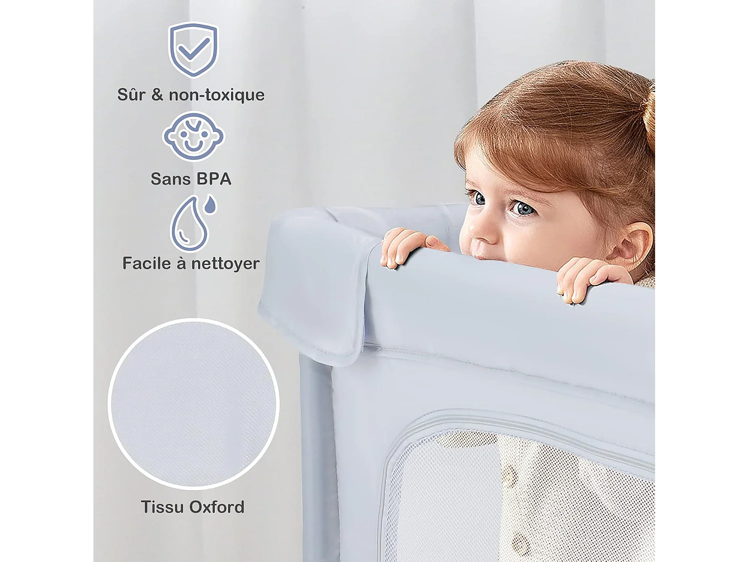 Parc Bébé Pliable 124 x124cm avec Hauteur Scientifique 70cm, Parc de Jeux en Tissu Oxford avec Maille Respirante, 50 Balles Océaniques, 4 Poignées  (Gris clair)