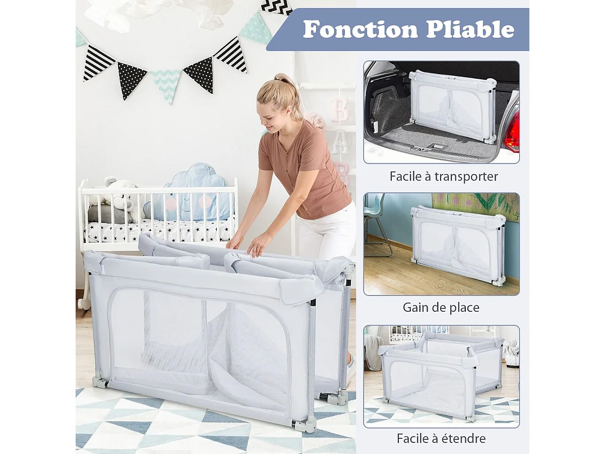 Parc Bébé Pliable 124 x124cm avec Hauteur Scientifique 70cm, Parc de Jeux en Tissu Oxford avec Maille Respirante, 50 Balles Océaniques, 4 Poignées  (Gris clair)