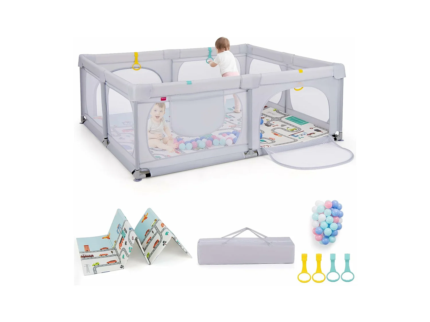 Grand Parc pour Bébé avec 50 Balles Océaniques, Clôture pour Tout-Petits avec 4 Anneaux à Main, Centre d'Activités pour Bébé avec Tapis Pliable, 189 x 158 x 68 CM (Gris Clair)