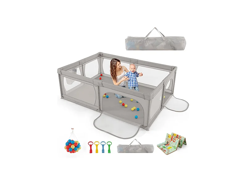 Parc pour Bébé avec 50 Balles Océaniques, Centre d'Activités avec Base Antidérapante, Maille Respirante, et Porte à Fermeture Eclair, 206×147×68,5CM (Gris Clair)