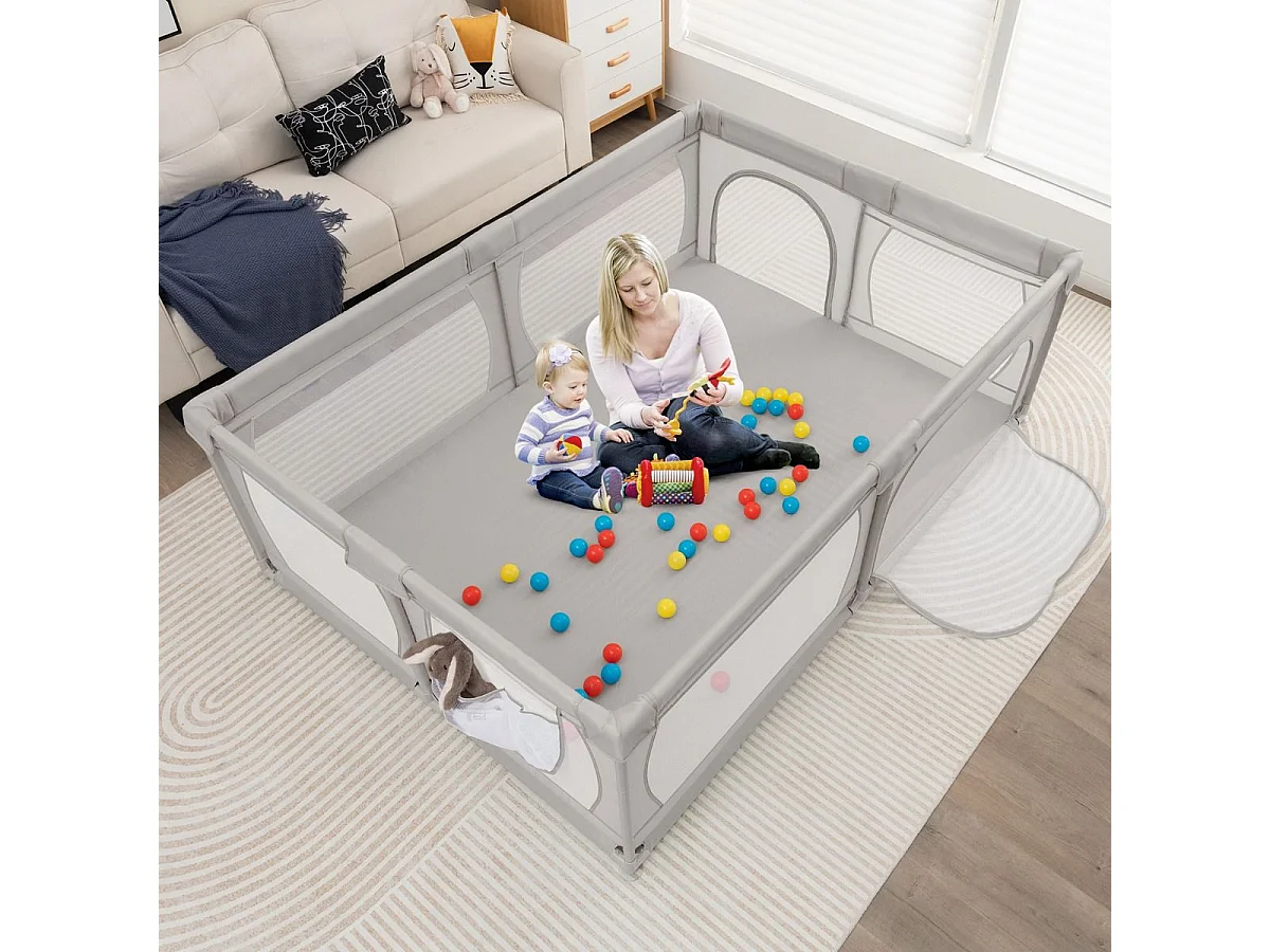 Parc pour Bébé avec 50 Balles Océaniques, Centre d'Activités avec Base Antidérapante, Maille Respirante, et Porte à Fermeture Eclair, 206×147×68,5CM (Gris Clair)