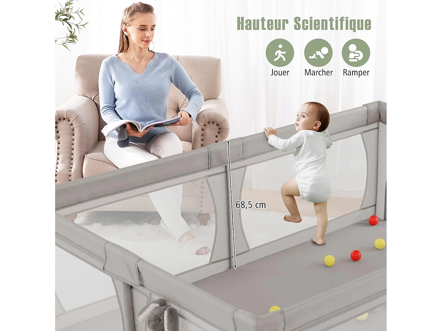 Parc pour Bébé avec 50 Balles Océaniques, Centre d'Activités avec Base Antidérapante, Maille Respirante, et Porte à Fermeture Eclair, 206×147×68,5CM (Gris Clair)