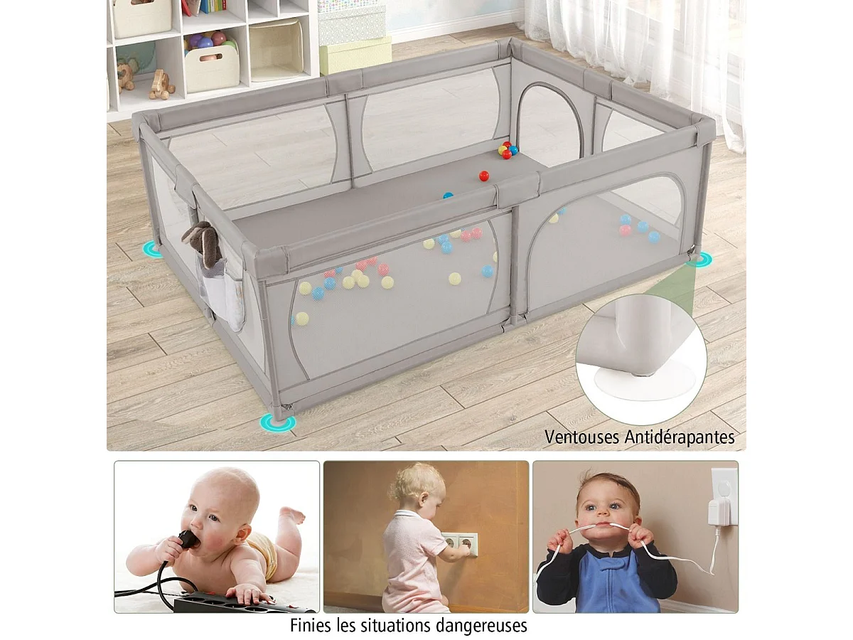 Parc pour Bébé avec 50 Balles Océaniques, Centre d'Activités avec Base Antidérapante, Maille Respirante, et Porte à Fermeture Eclair, 206×147×68,5CM (Gris Clair)