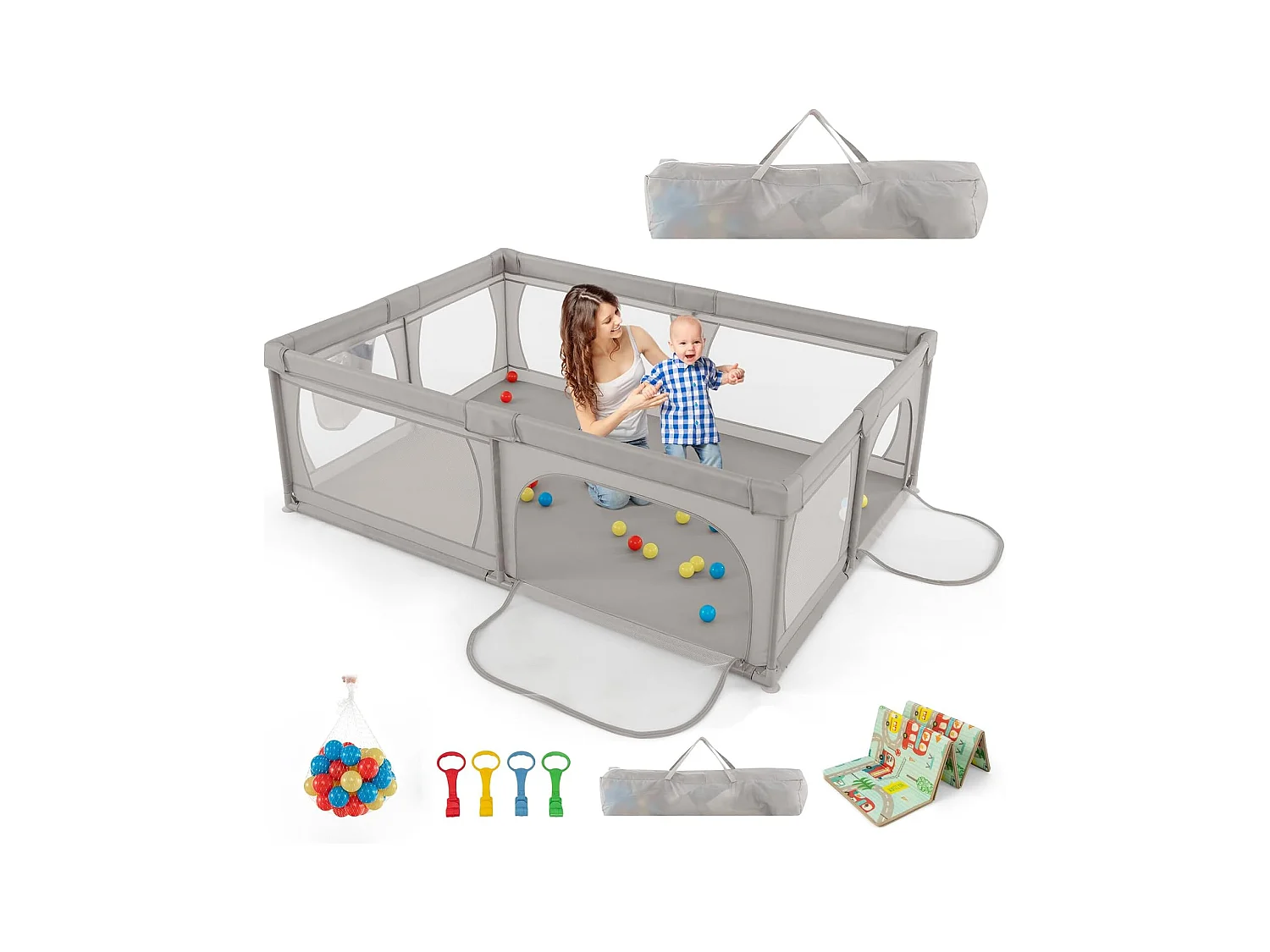 Parc pour Bébé avec 50 Balles Océaniques, Centre d'Activités avec Base Antidérapante, Maille Respirante, et Porte à Fermeture Eclair, 206×147×68,5CM (Gris Clair)