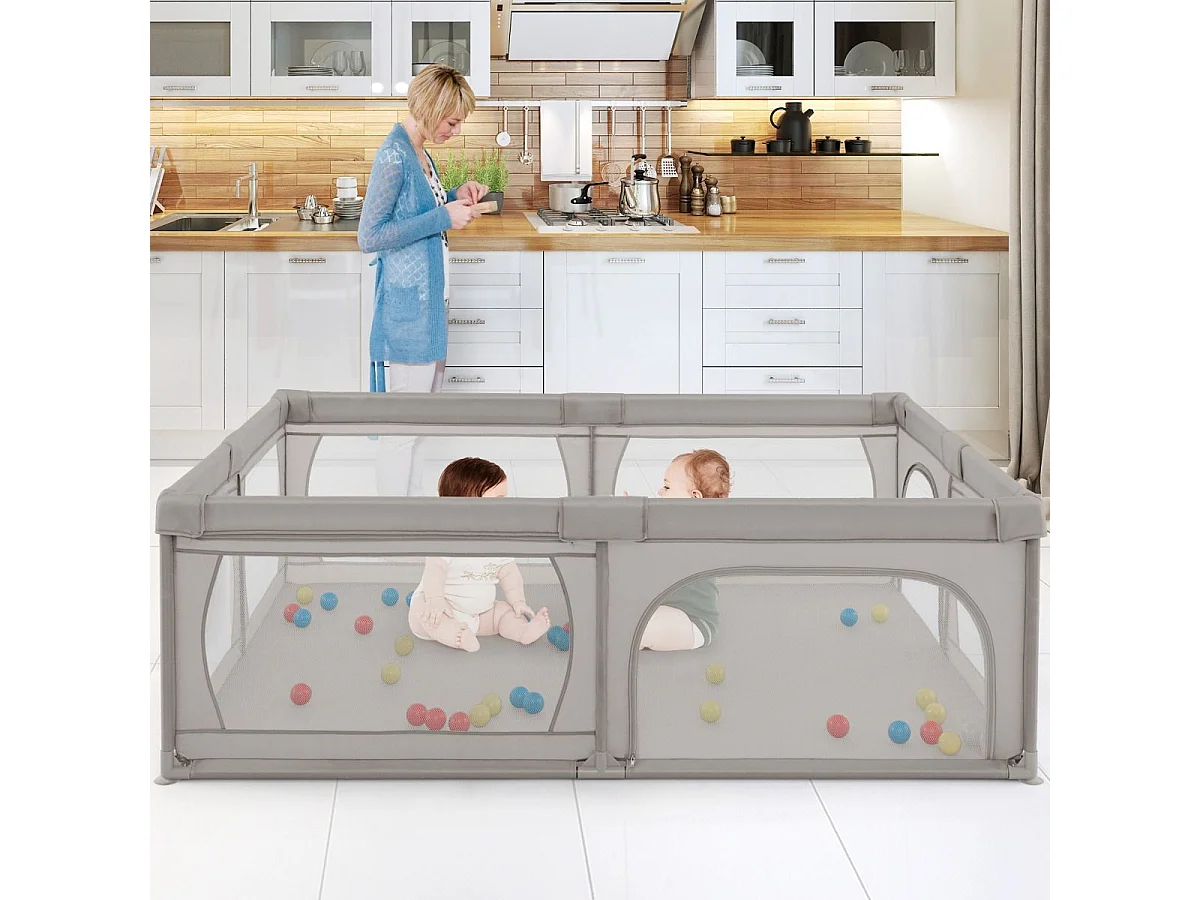 Parc pour Bébé avec 50 Balles Océaniques, Centre d'Activités avec Base Antidérapante, Maille Respirante, et Porte à Fermeture Eclair, 206×147×68,5CM (Gris Clair)
