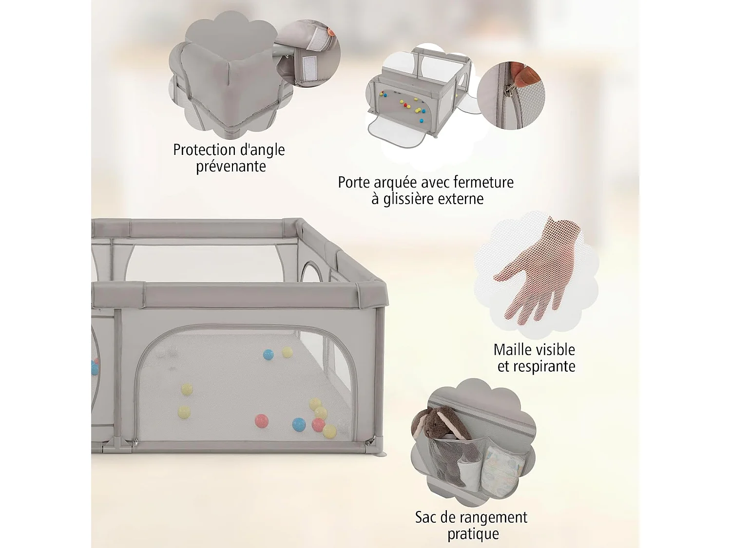 Parc pour Bébé avec 50 Balles Océaniques, Centre d'Activités avec Base Antidérapante, Maille Respirante, et Porte à Fermeture Eclair, 206×147×68,5CM (Gris Clair)