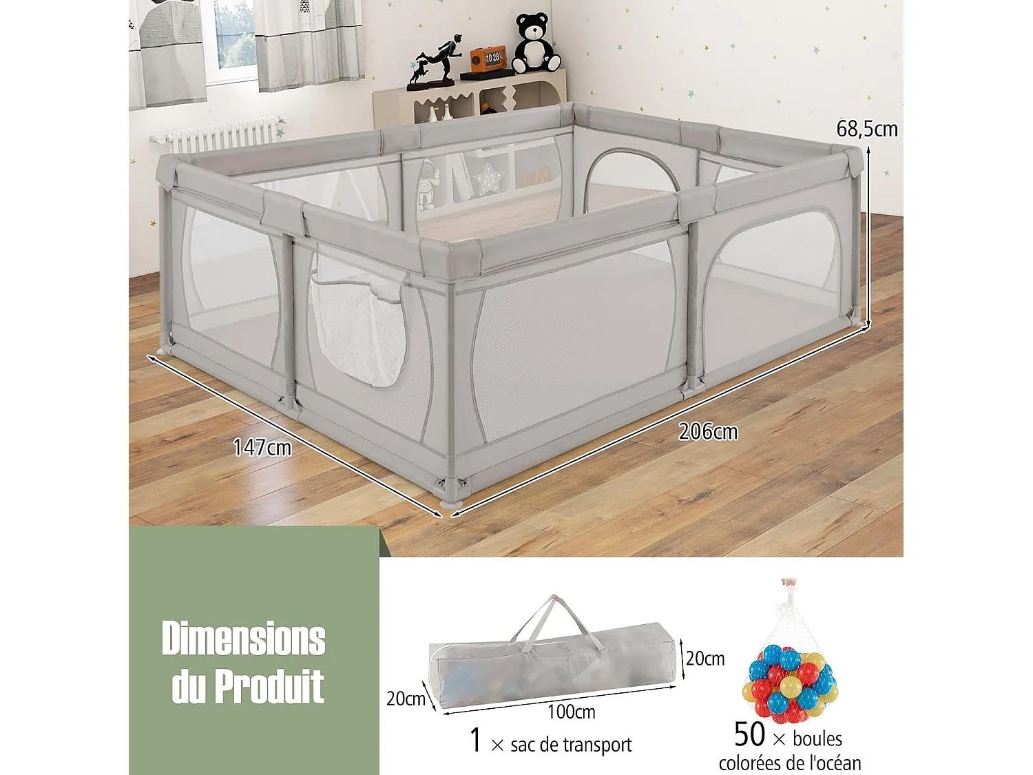 Parc pour Bébé avec 50 Balles Océaniques, Centre d'Activités avec Base Antidérapante, Maille Respirante, et Porte à Fermeture Eclair, 206×147×68,5CM (Gris Clair)