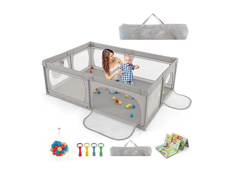 Babybox met 50 Ocean Balls, activiteitencentrum met antislipbodem, ademend gaas en ritsdeur, 206×147×68,5 cm (lichtgrijs)