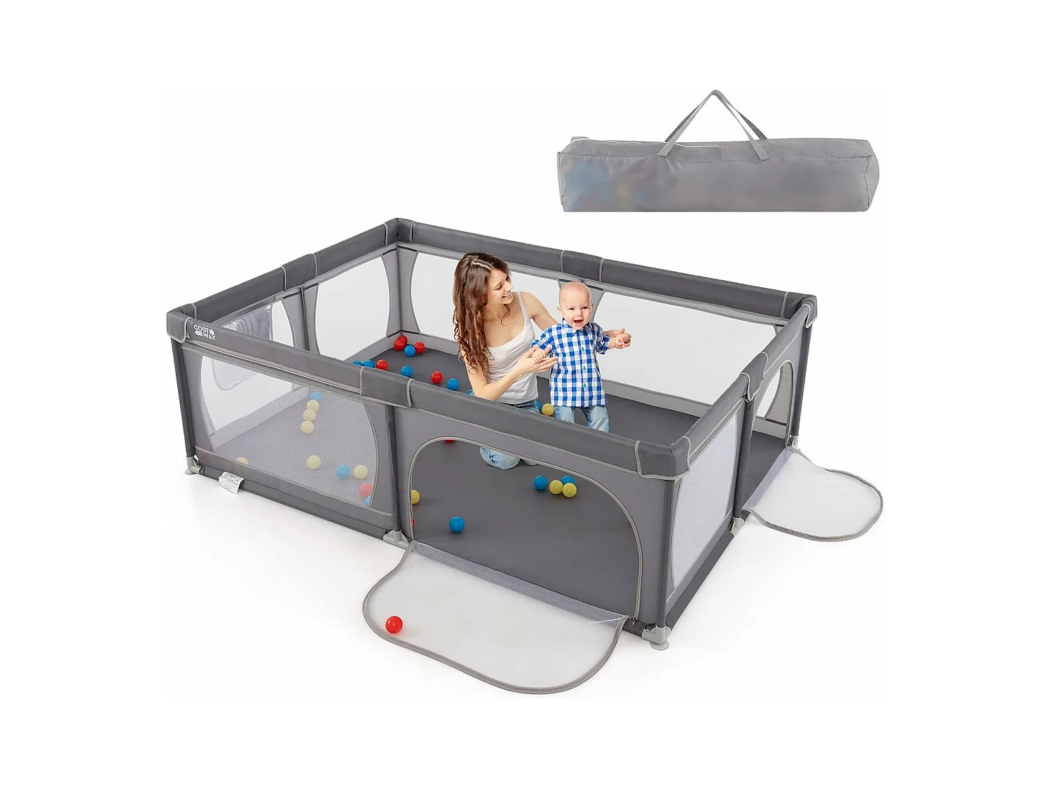 Parc pour Bébé avec 50 Balles Océaniques, Clôture pour Tout-Petits avec Maille Respirante, Centre d'Activités avec Base Antidérapante et Grande Porte à Fermeture Eclair, 206×147×68,5CM (Gris)