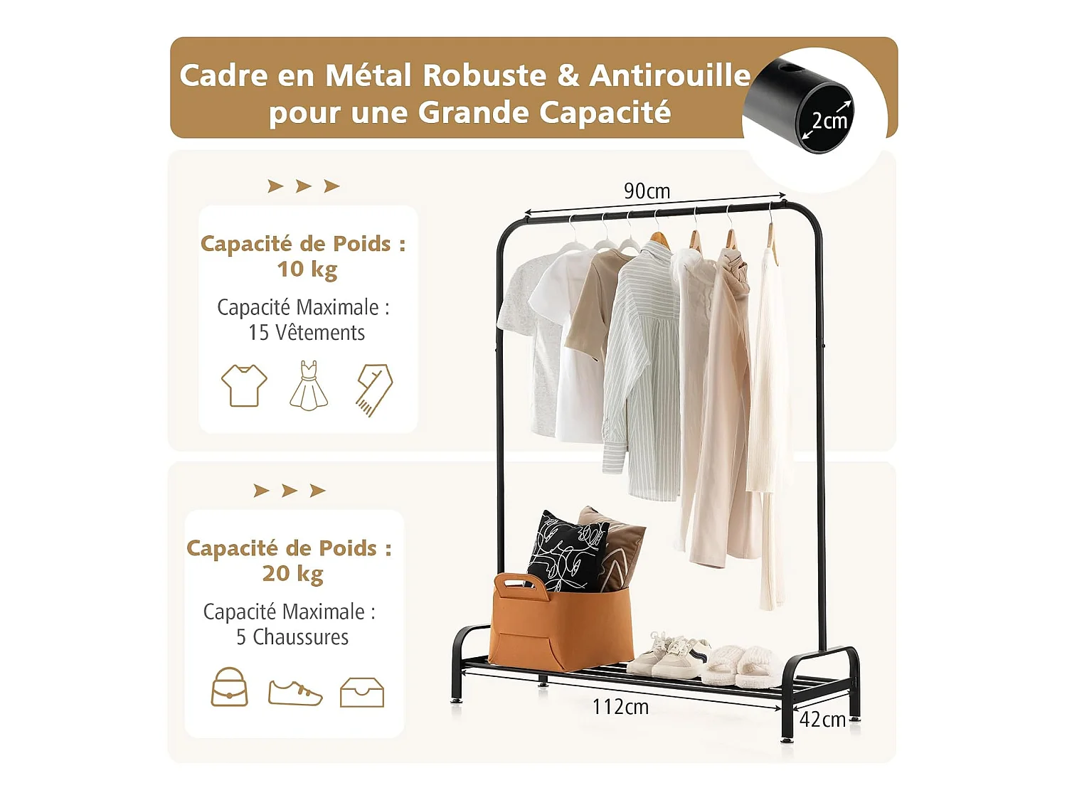 Portant à Vêtement avec Étagère de Chaussures, Penderie Vêtement Hauteur 145CM, Tube en Fer, 4 Pieds Réglables, Portique Vêtement pour Chambre, Salon, Noir