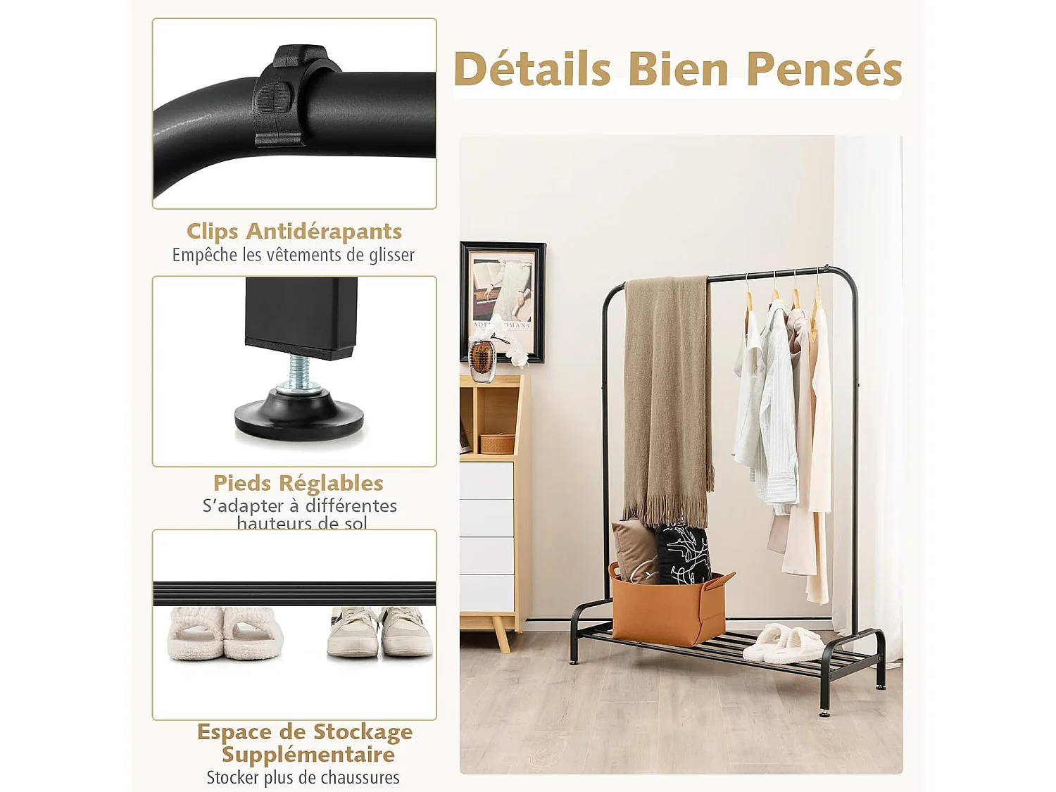 Portant à Vêtement avec Étagère de Chaussures, Penderie Vêtement Hauteur 145CM, Tube en Fer, 4 Pieds Réglables, Portique Vêtement pour Chambre, Salon, Noir