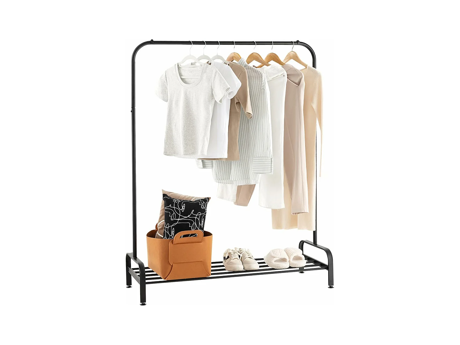 Portant à Vêtement avec Étagère de Chaussures, Penderie Vêtement Hauteur 145CM, Tube en Fer, 4 Pieds Réglables, Portique Vêtement pour Chambre, Salon, Noir