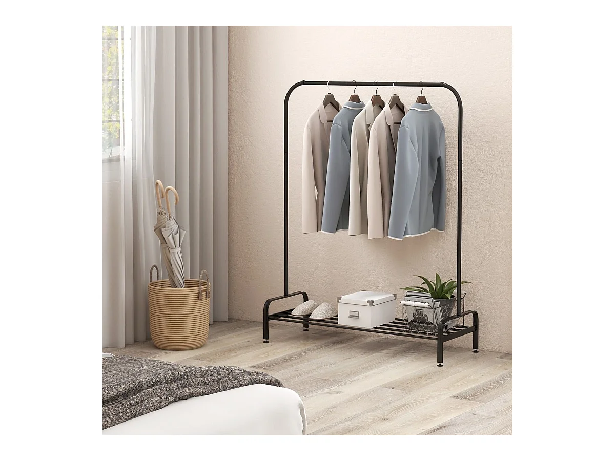 Kledingrek met schoenenplank, 145 cm hoge kledinghanger, ijzeren buis, 4 verstelbare poten, kledingrek voor slaapkamer, woonkamer, zwart