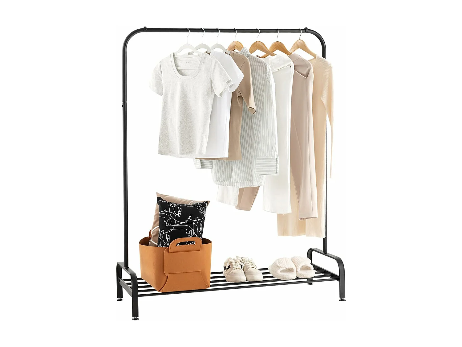 Portant à Vêtement avec Étagère de Chaussures, Penderie Vêtement Hauteur 145CM, Tube en Fer, 4 Pieds Réglables, Portique Vêtement pour Chambre, Salon, Noir