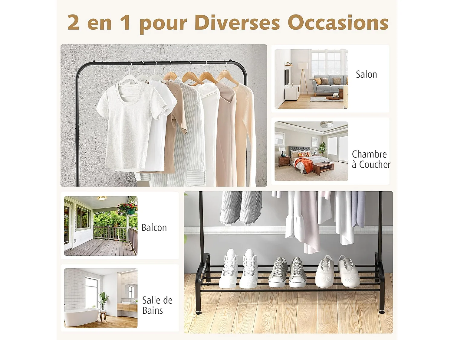 Portant à Vêtement avec Étagère de Chaussures, Penderie Vêtement Hauteur 145CM, Tube en Fer, 4 Pieds Réglables, Portique Vêtement pour Chambre, Salon, Noir