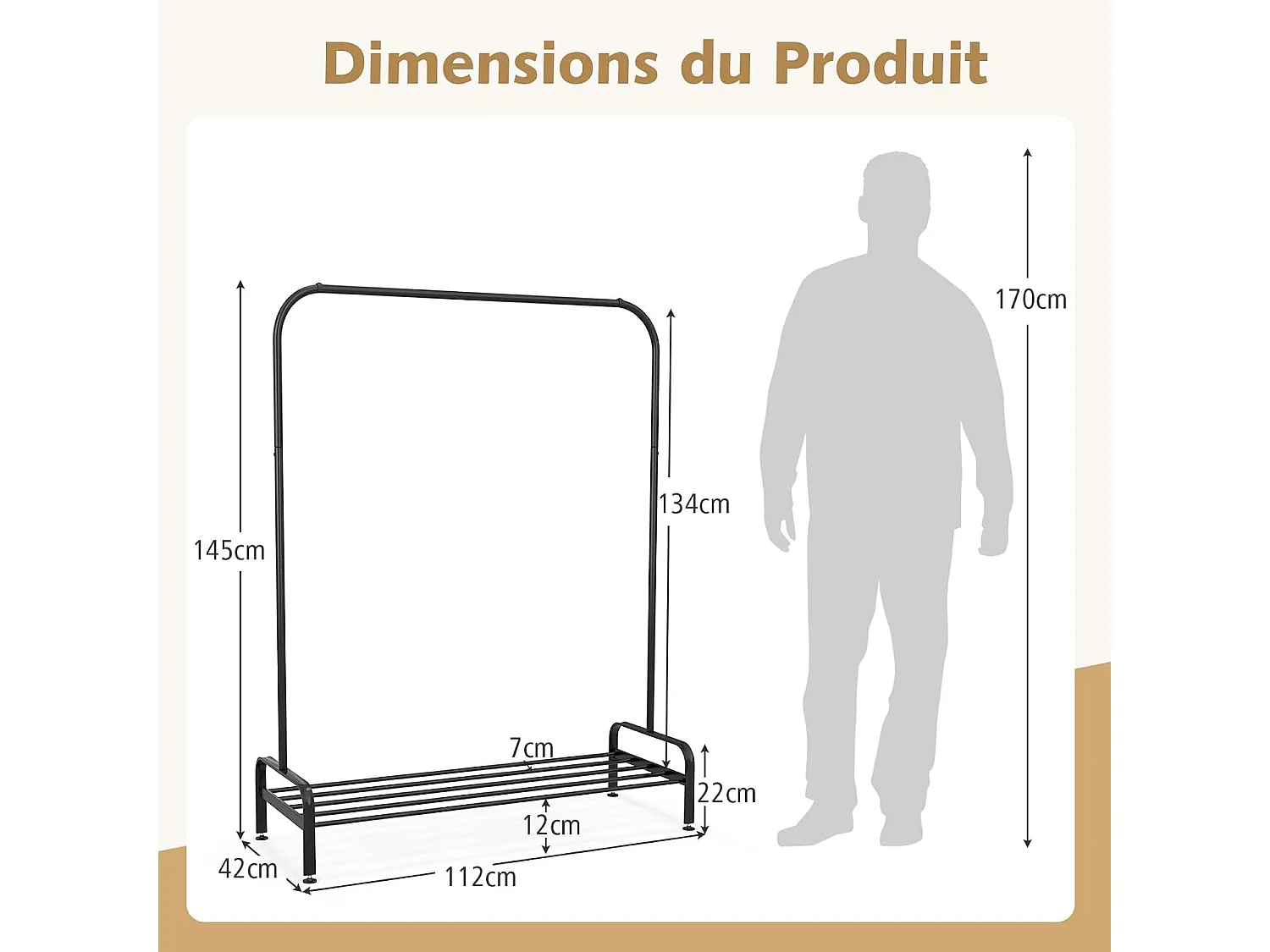 Portant à Vêtement avec Étagère de Chaussures, Penderie Vêtement Hauteur 145CM, Tube en Fer, 4 Pieds Réglables, Portique Vêtement pour Chambre, Salon, Noir