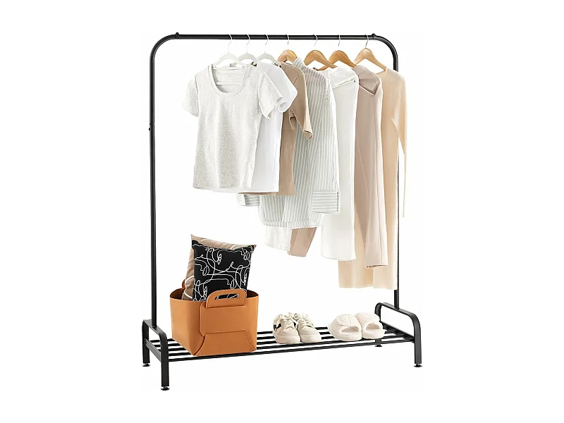 Portant à Vêtement avec Étagère de Chaussures, Penderie Vêtement Hauteur 145CM, Tube en Fer, 4 Pieds Réglables, Portique Vêtement pour Chambre, Salon, Noir