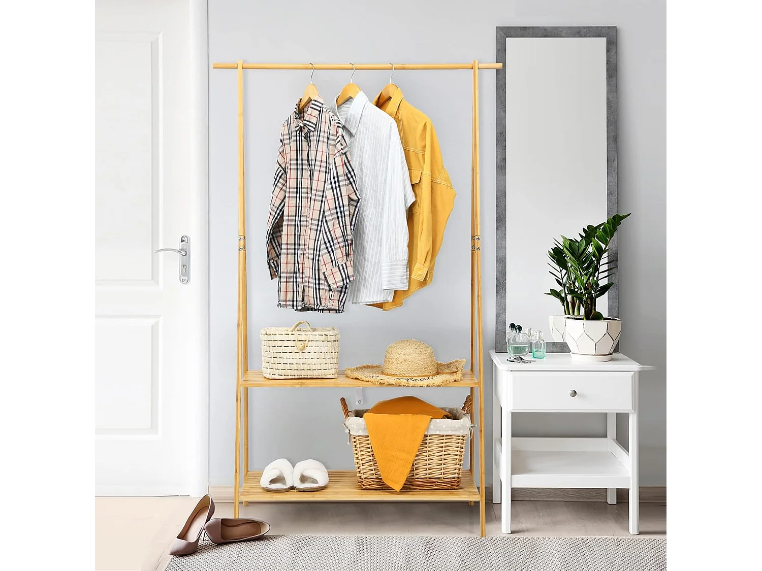 Portant à Vetement en Bambou, Penderie Vetement Tringle 101cm, 2 Étagères, Porte Vetement Solide pour Chambre, Buanderie （Jaune）