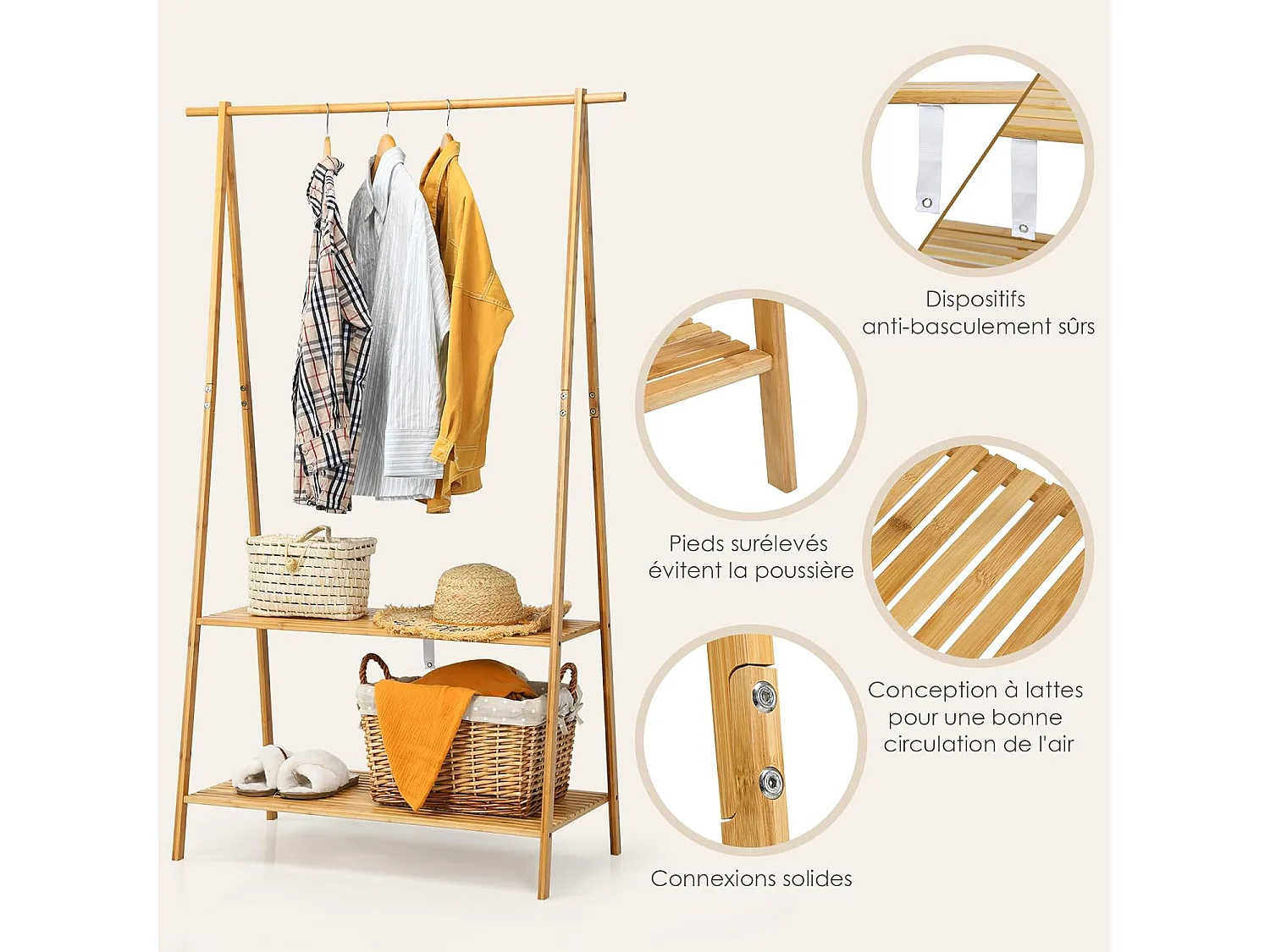 Portant à Vetement en Bambou, Penderie Vetement Tringle 101cm, 2 Étagères, Porte Vetement Solide pour Chambre, Buanderie （Jaune）