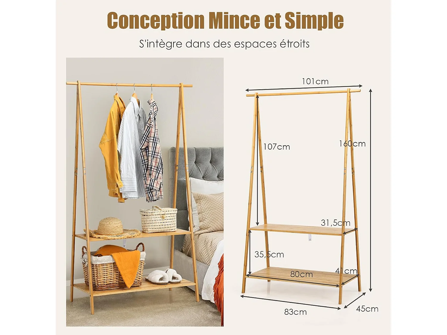 Portant à Vetement en Bambou, Penderie Vetement Tringle 101cm, 2 Étagères, Porte Vetement Solide pour Chambre, Buanderie （Jaune）