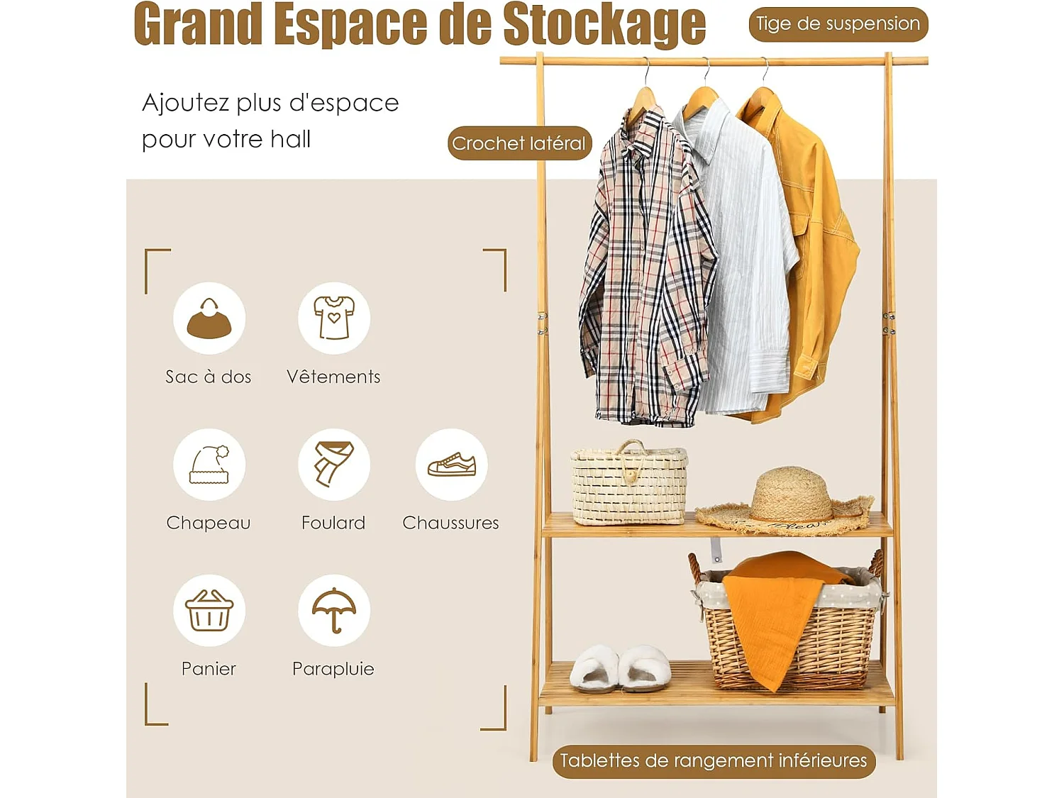 Portant à Vetement en Bambou, Penderie Vetement Tringle 101cm, 2 Étagères, Porte Vetement Solide pour Chambre, Buanderie （Jaune）