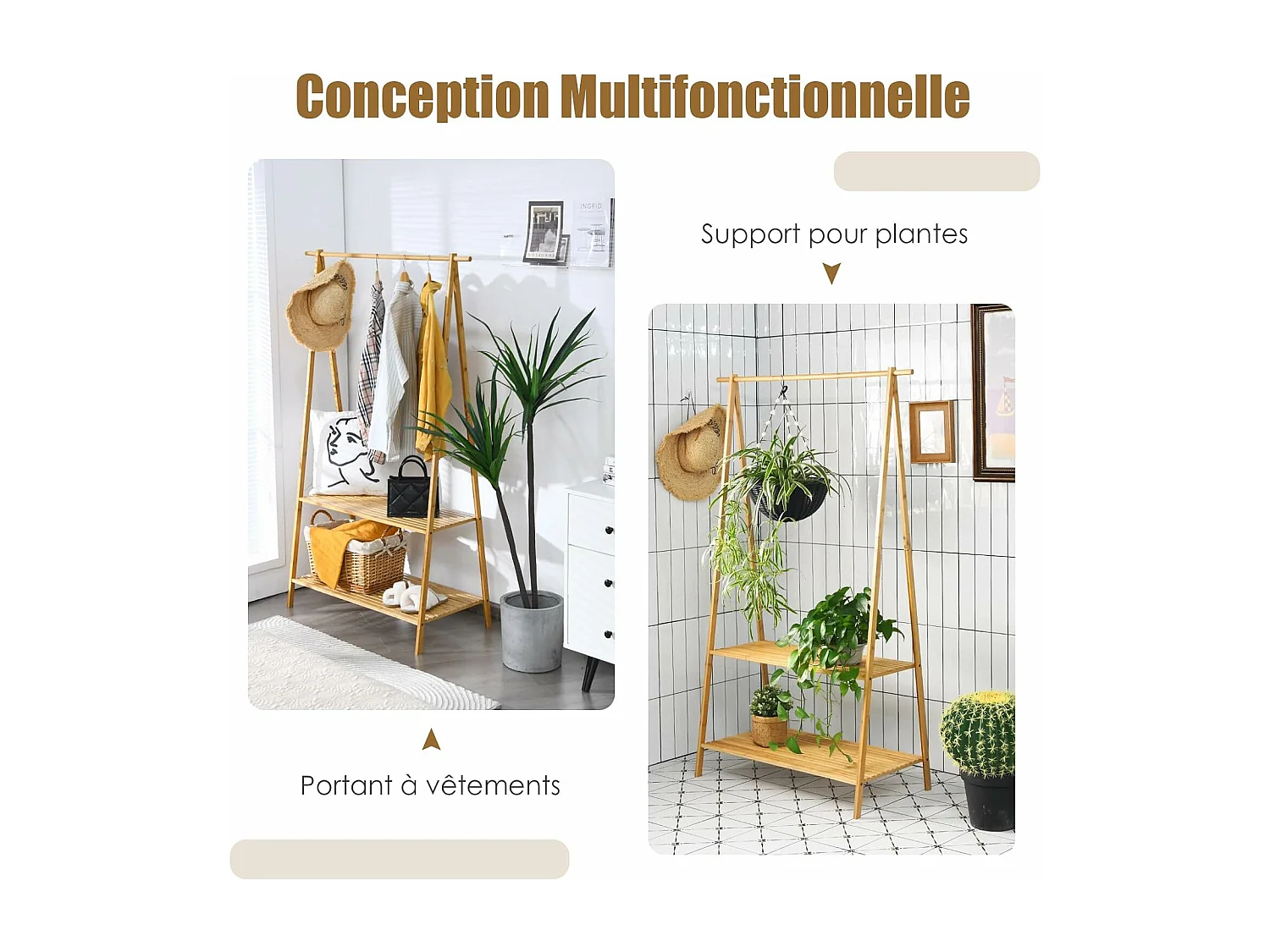 Portant à Vetement en Bambou, Penderie Vetement Tringle 101cm, 2 Étagères, Porte Vetement Solide pour Chambre, Buanderie （Jaune）