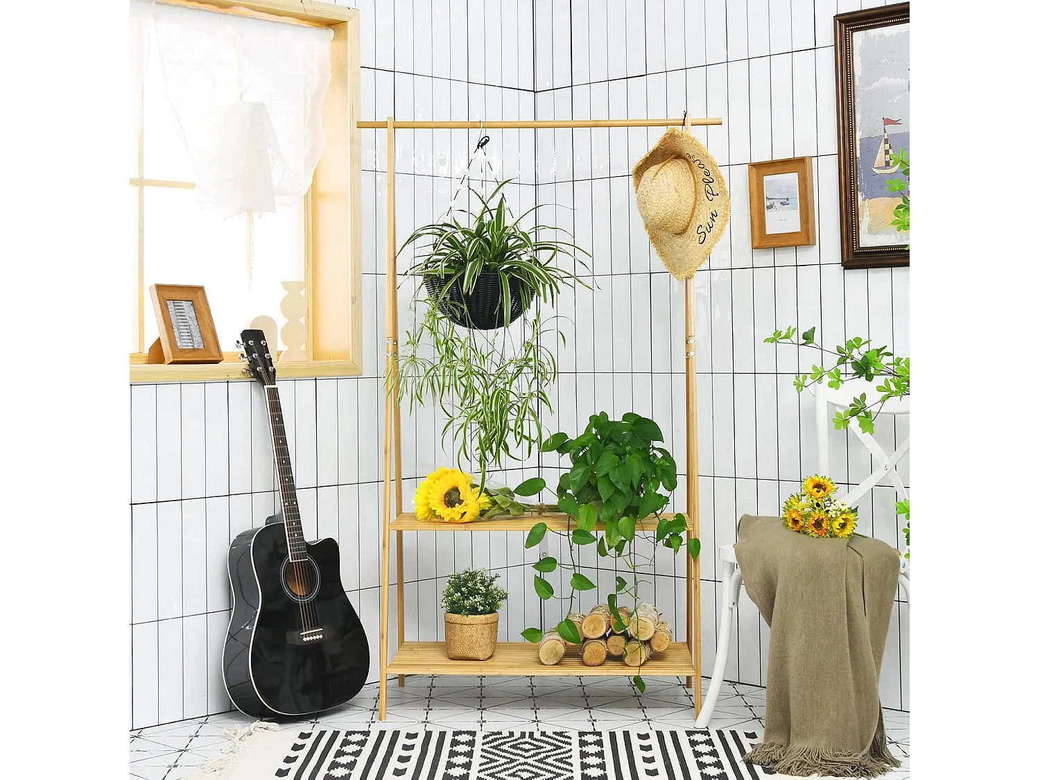 Portant à Vetement en Bambou, Penderie Vetement Tringle 101cm, 2 Étagères, Porte Vetement Solide pour Chambre, Buanderie （Jaune）