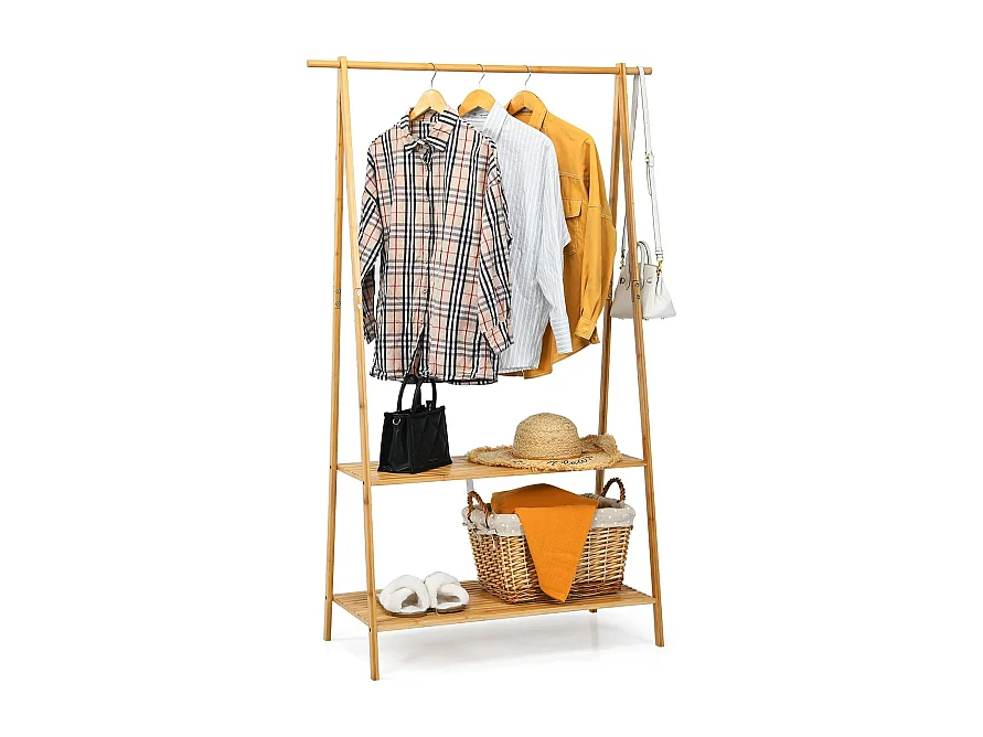 Portant à Vetement en Bambou, Penderie Vetement Tringle 101cm, 2 Étagères, Porte Vetement Solide pour Chambre, Buanderie （Jaune）