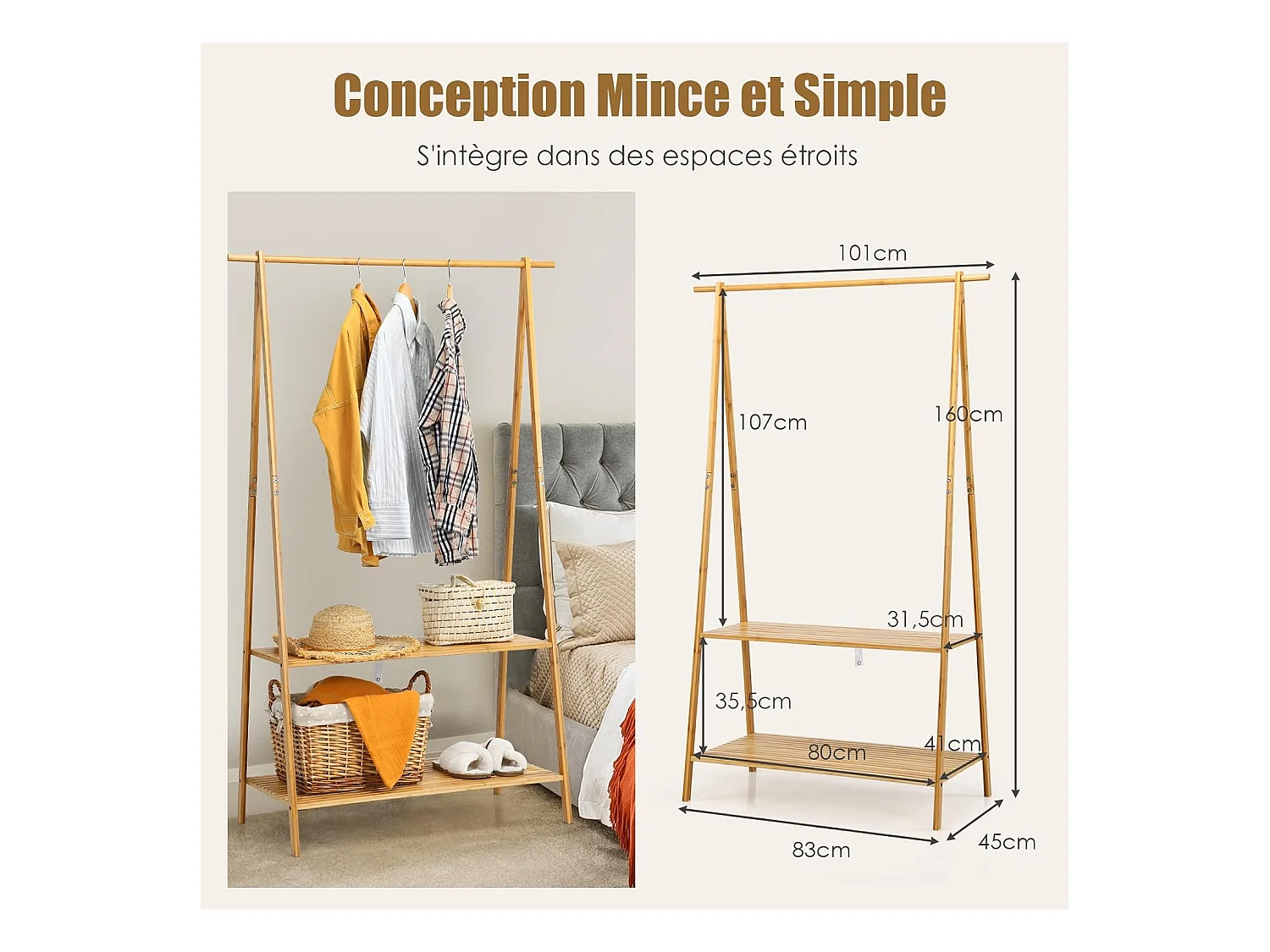 Kledingrek van bamboe, 101 cm kledingstang, 2 planken, stevig kledingrek voor slaapkamer, wasruimte (geel)