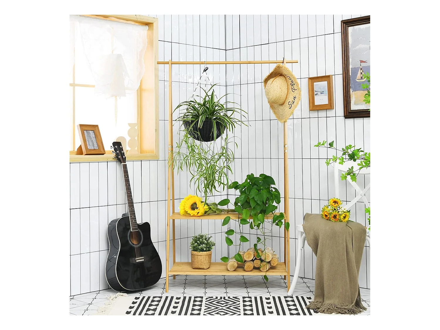 Kledingrek van bamboe, 101 cm kledingstang, 2 planken, stevig kledingrek voor slaapkamer, wasruimte (geel)