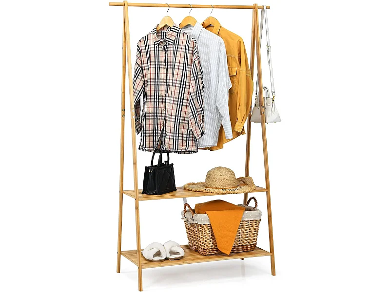 Portant à Vetement en Bambou, Penderie Vetement Tringle 101cm, 2 Étagères, Porte Vetement Solide pour Chambre, Buanderie （Jaune）