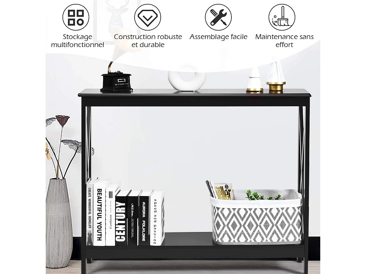 Table Console d'Appoint Industrielle à 2 Niveaux, Meuble pour Entrée, Couloir, Salon, 100 x 30 x 80 cm (Noir)