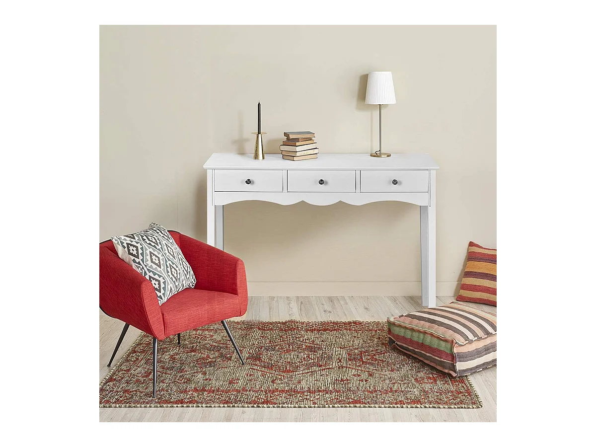 Table Console Table d'Entrée en Bois avec 3 Tiroirs Usage Polyvalent Salon, Chambre, Bureau, 100x32x75 cm Blanc Vintage