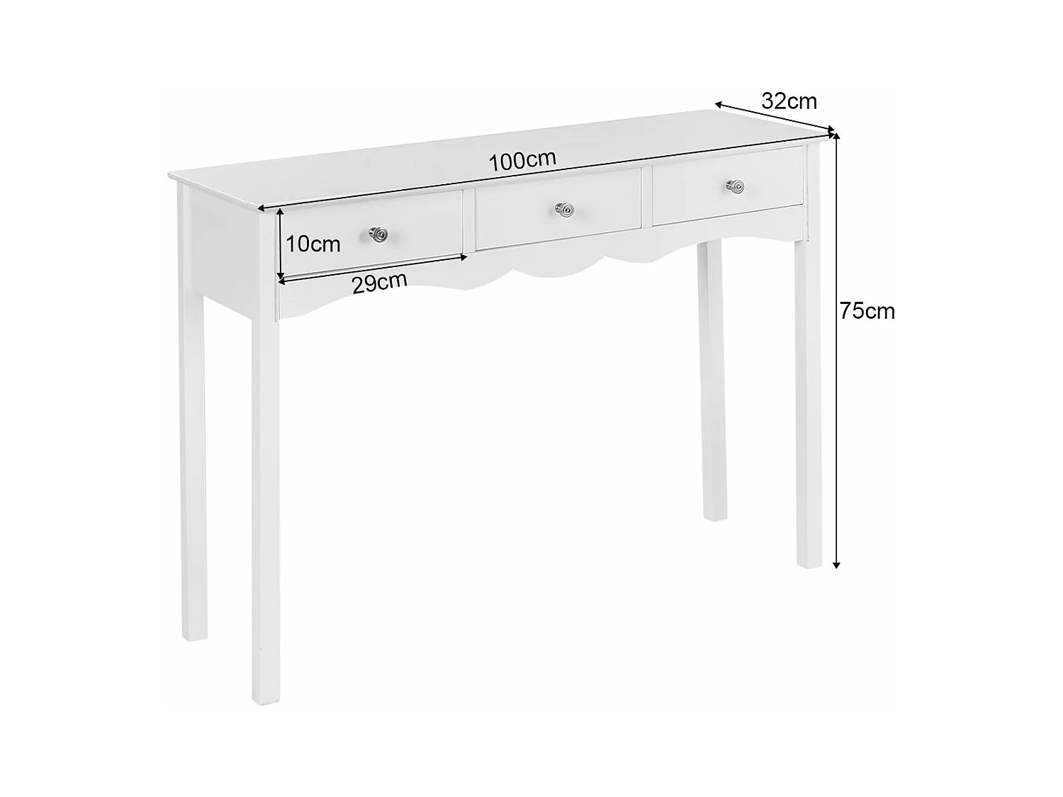 Table Console Table d'Entrée en Bois avec 3 Tiroirs Usage Polyvalent Salon, Chambre, Bureau, 100x32x75 cm Blanc Vintage