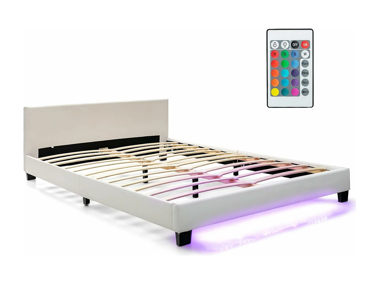 Structure de Lit Adulte avec Lumières LED de 16 Couleurs 4 Modes Dynamiques en Simili Cuir 2 Places pour Matelas 200x140 CM