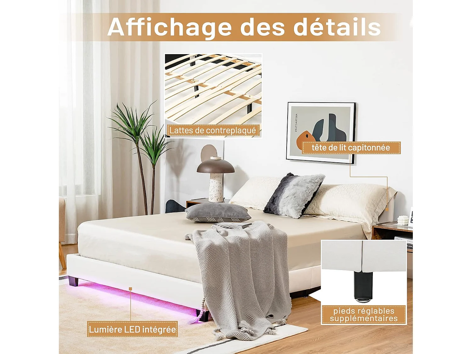 Structure de Lit Adulte avec Lumières LED de 16 Couleurs 4 Modes Dynamiques en Simili Cuir 2 Places pour Matelas 200x140 CM