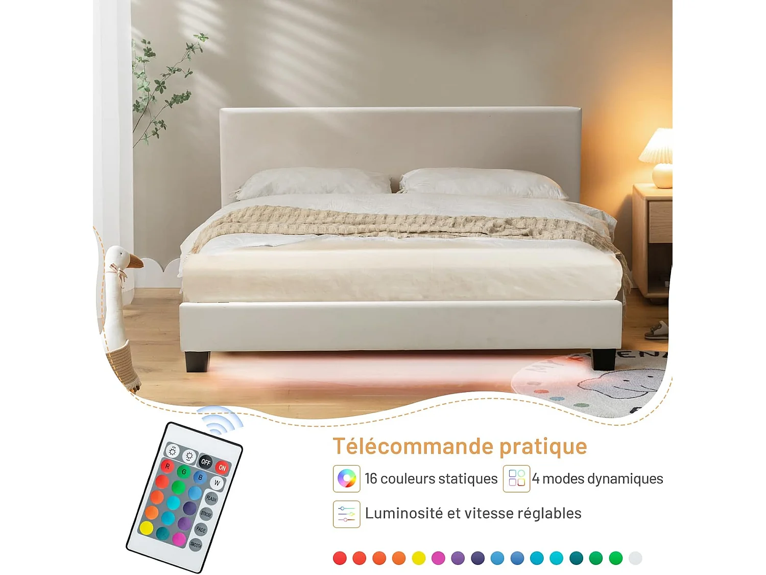 Structure de Lit Adulte avec Lumières LED de 16 Couleurs 4 Modes Dynamiques en Simili Cuir 2 Places pour Matelas 200x140 CM