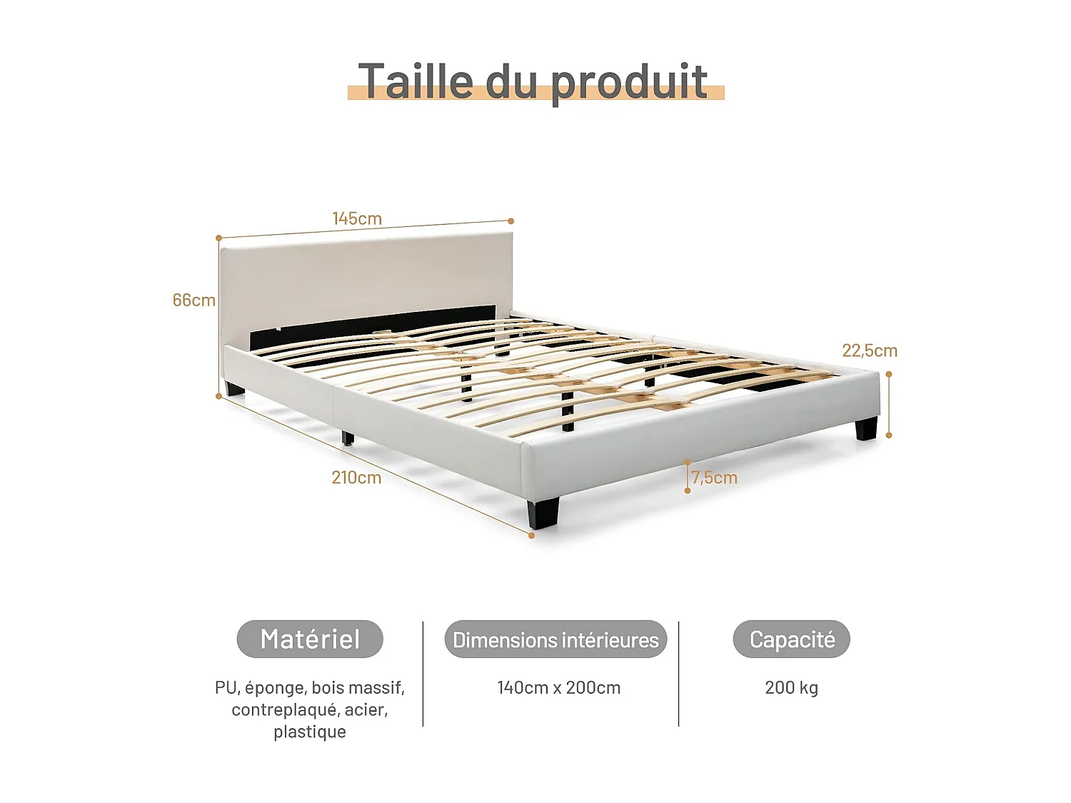 Structure de Lit Adulte avec Lumières LED de 16 Couleurs 4 Modes Dynamiques en Simili Cuir 2 Places pour Matelas 200x140 CM