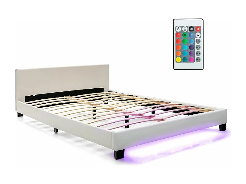 Structure de Lit Adulte avec Lumières LED de 16 Couleurs 4 Modes Dynamiques en Simili Cuir 2 Places pour Matelas 200x140 CM