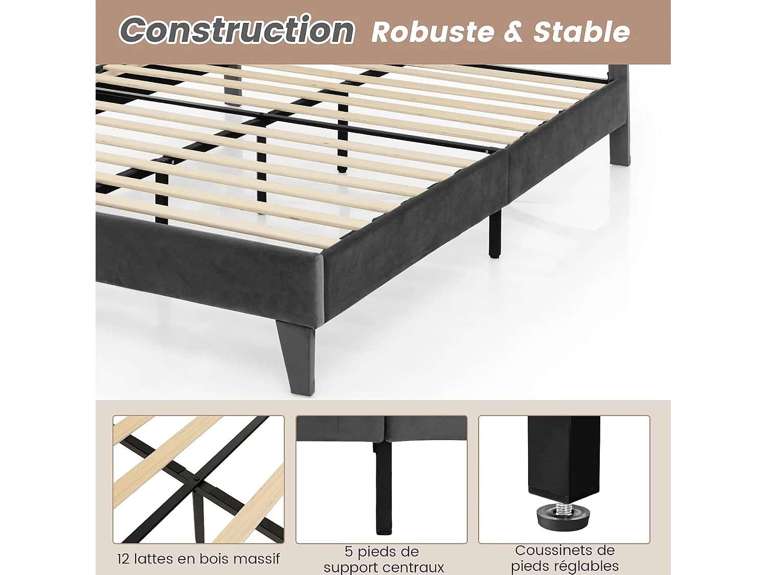 Lit Double Scandinave pour Adulte 140 x 200 CM Structure de Lit avec Tête de Lit, Sommier à Lattes et Repose-pieds réglables