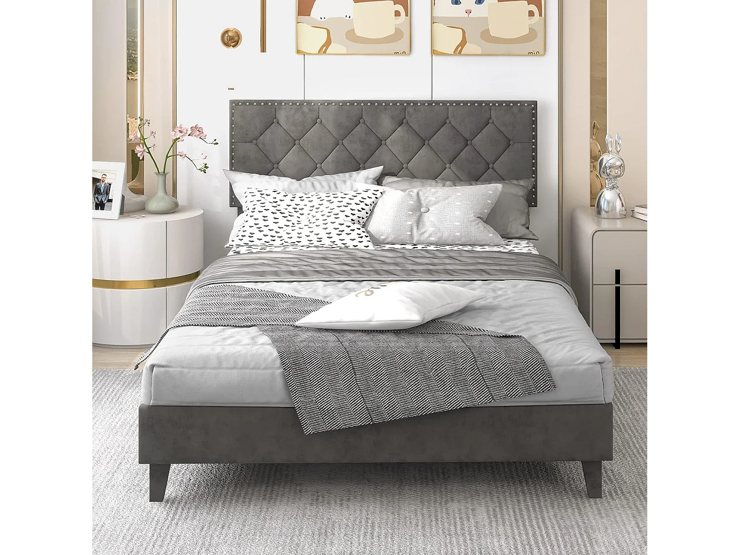 Lit Double Scandinave pour Adulte 140 x 200 CM Structure de Lit avec Tête de Lit, Sommier à Lattes et Repose-pieds réglables