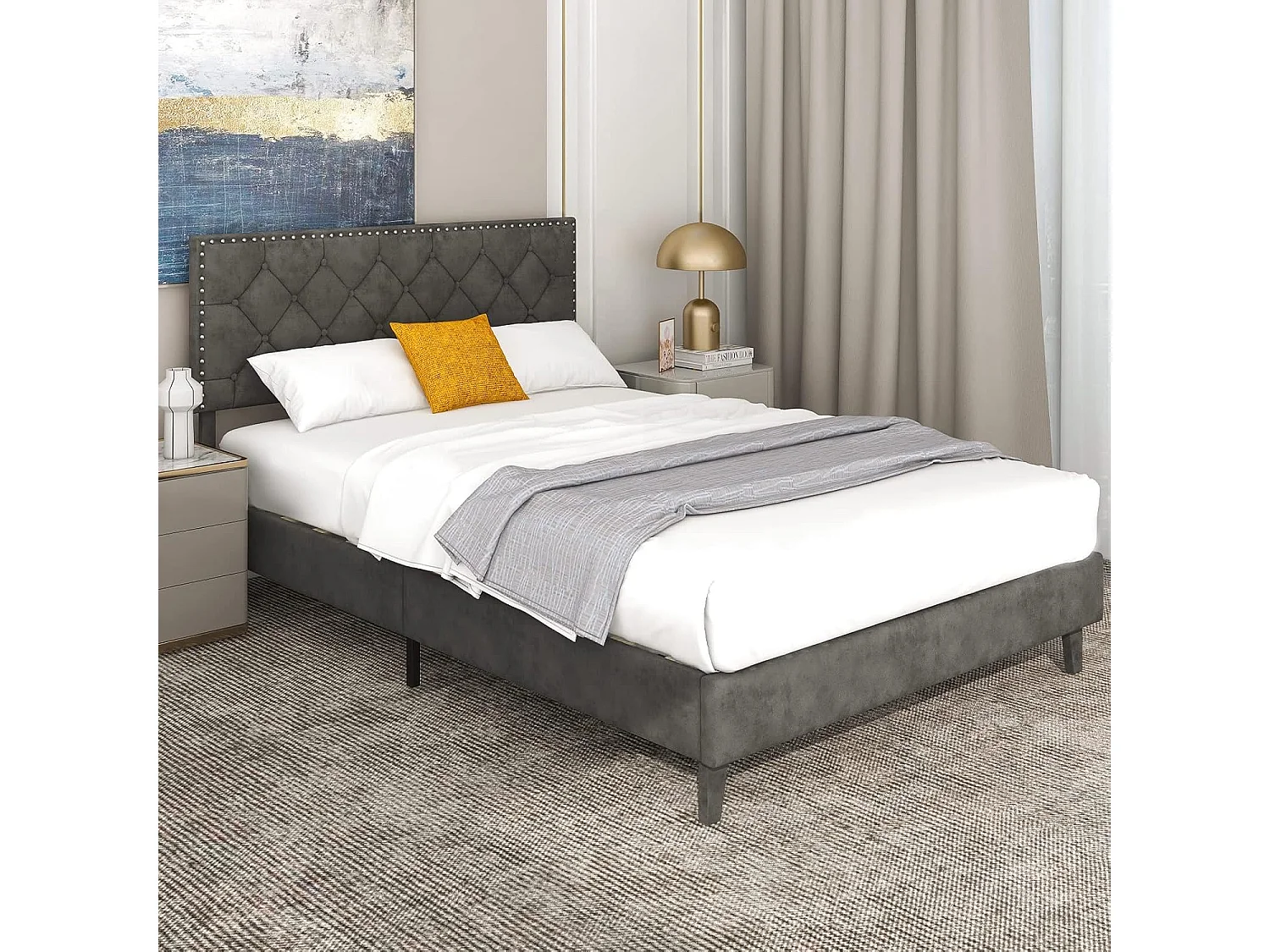 Lit Double Scandinave pour Adulte 140 x 200 CM Structure de Lit avec Tête de Lit, Sommier à Lattes et Repose-pieds réglables