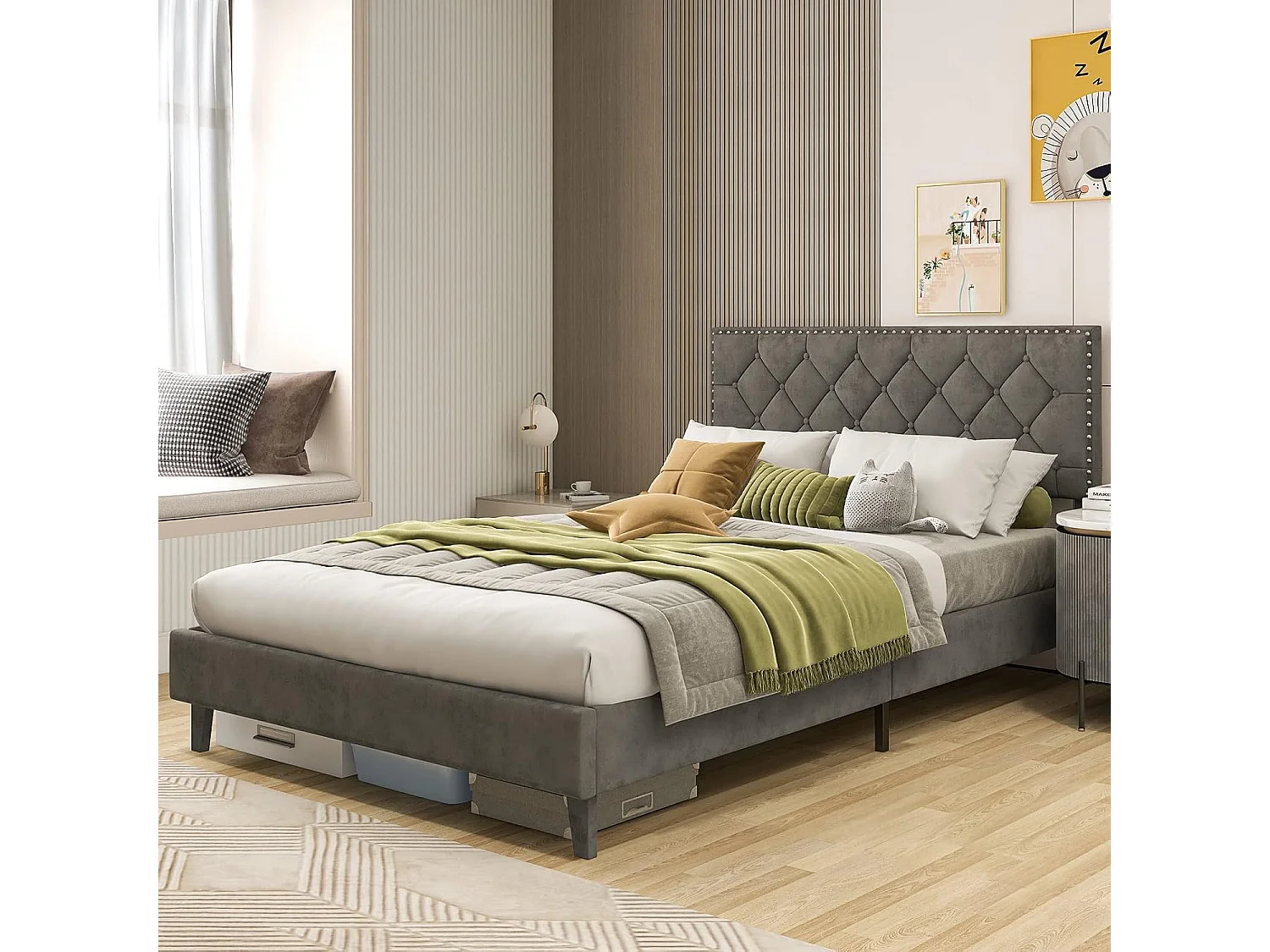 Lit Double Scandinave pour Adulte 140 x 200 CM Structure de Lit avec Tête de Lit, Sommier à Lattes et Repose-pieds réglables