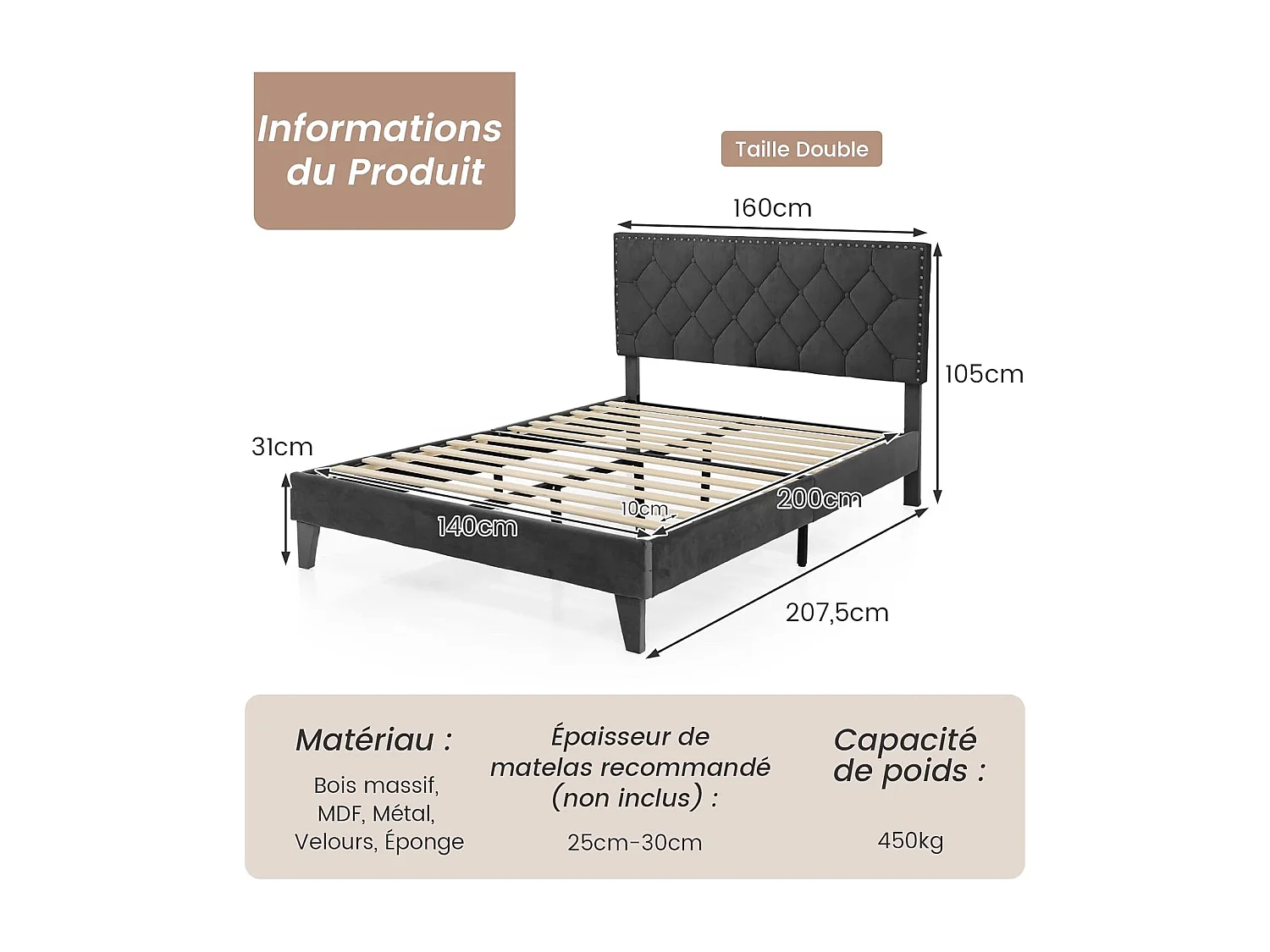 Lit Double Scandinave pour Adulte 140 x 200 CM Structure de Lit avec Tête de Lit, Sommier à Lattes et Repose-pieds réglables