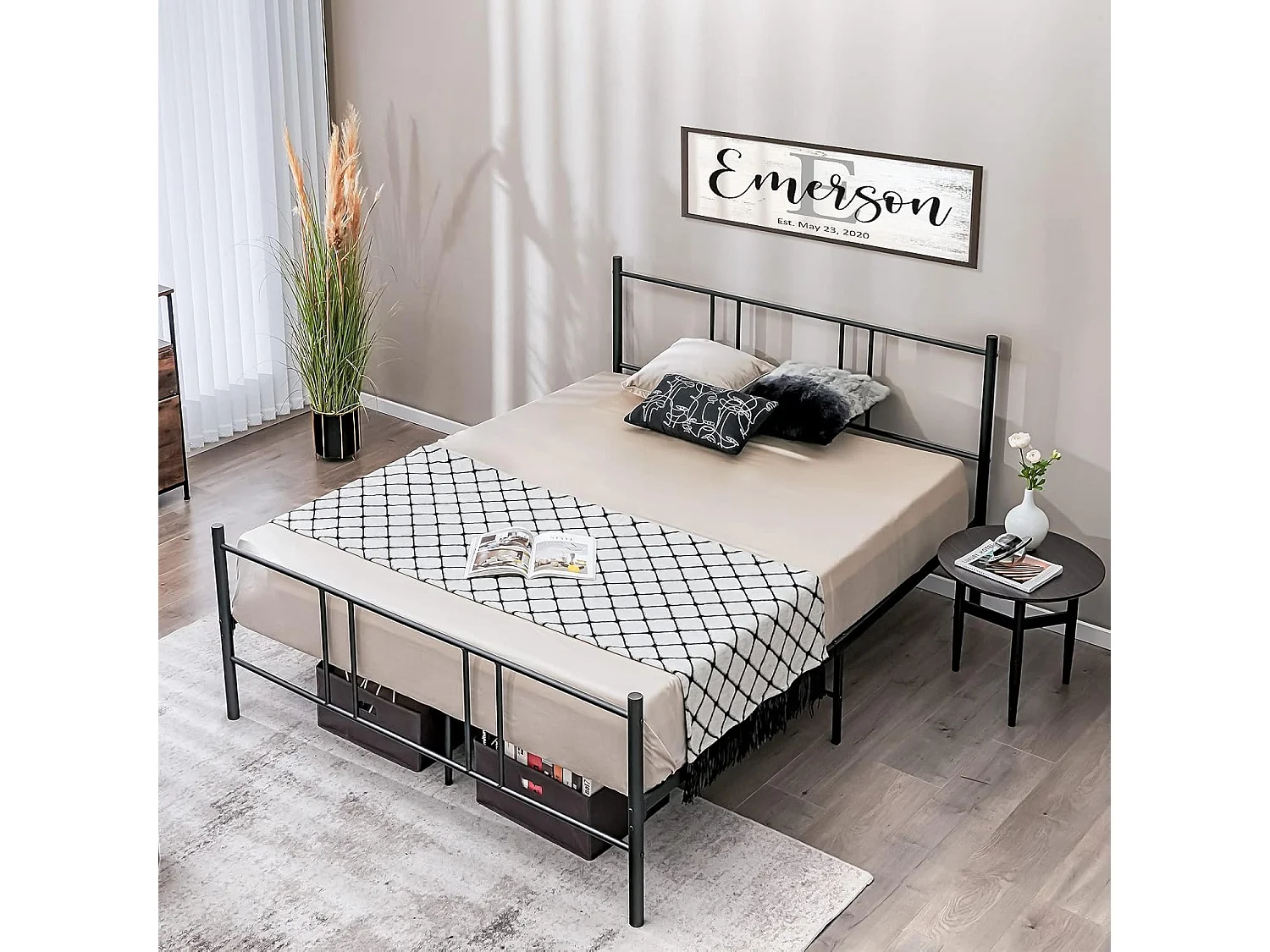 Lit Double pour Adulte - Cadre de Lit en Métal - 160 x 200 CM - 9 pieds de Support - pas de Sommier Nécessaire - sans Bruit