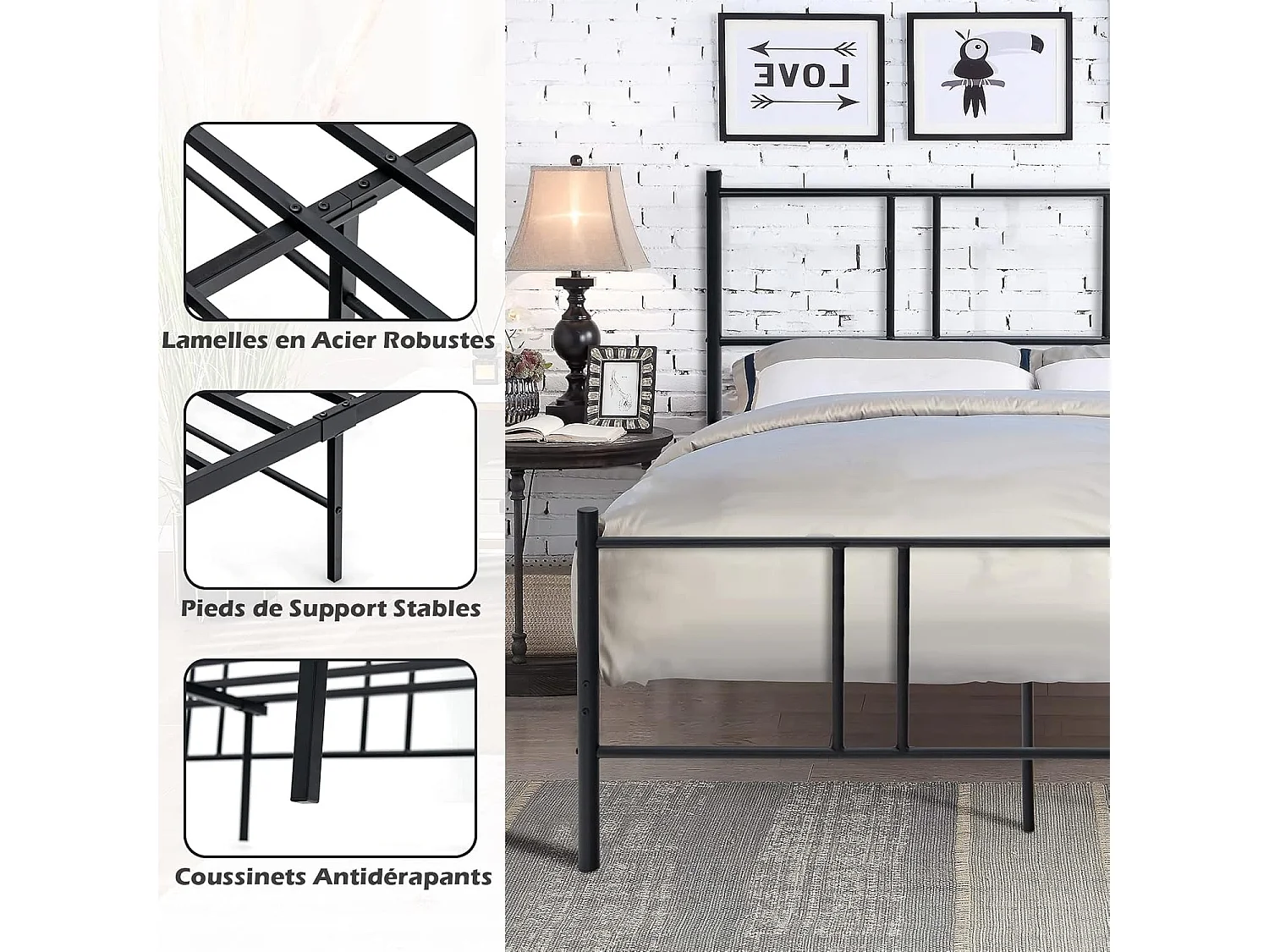 Lit Double pour Adulte - Cadre de Lit en Métal - 160 x 200 CM - 9 pieds de Support - pas de Sommier Nécessaire - sans Bruit