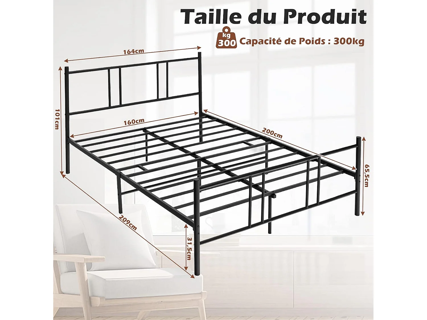 Lit Double pour Adulte - Cadre de Lit en Métal - 160 x 200 CM - 9 pieds de Support - pas de Sommier Nécessaire - sans Bruit